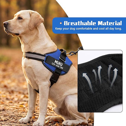 MUMUPET Custom Dog Harness Vest with 2 Personalized Name & Phone Patches, No Pull Reflective Adjustable with Handle, Soft Breathable Padding for Medium Dogs (Blue, M)