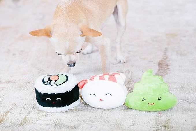Pearhead Sushi Plush Squeaky Dog Toys – Soft Durable Food-Themed Chew Toys for Small & Medium Dogs, Interactive Plush Dog Toy Set of 3