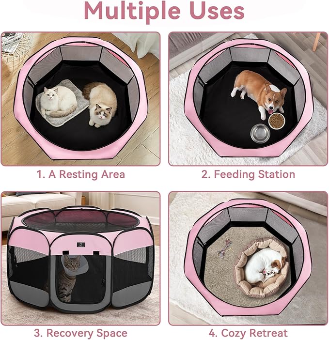 Dog Playpen for Small Dogs & Puppies, 50.39" Portable Indoor Outdoor Puppy Playpen with Bowl, Waterproof Floor, Foldable Pop-Up Pet Pen for Home, Travel & Daily Use, Pink+Grey