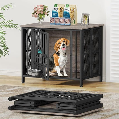 EasyCom Foldable Dog Crate Furniture, 31.5" Dog Crates for Small/Medium Dogs, Wooden Dog Kennel Indoor with Tag & Adjustable Dog Bowls, Dog Cage Use as End Table/TV Stand, Oak Grey