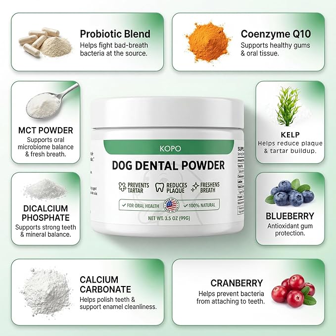 KOPO Dog Dental Powder | Dog Oral Care Supplement | Supports Fresh Breath & Gum Health | Helps Reduce Plaque & Tartar Buildup | Beef Liver Flavor | All Breeds & Sizes | 99 Scoops
