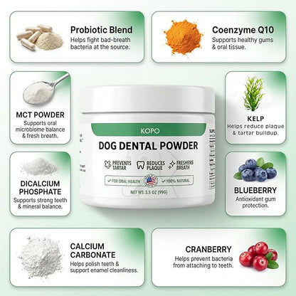 KOPO Dog Dental Powder | Dog Oral Care Supplement | Supports Fresh Breath & Gum Health | Helps Reduce Plaque & Tartar Buildup | Beef Liver Flavor | All Breeds & Sizes | 99 Scoops