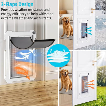 3-Flap Steel Large Dog Door for Exterior Doors with Sliding Lock Panel, Energy-Efficient Insulated Pet Door, Extreme Weather Doggy Door with Telescoping Tunnel, Never Rust（Pets Up to 100 Lb）