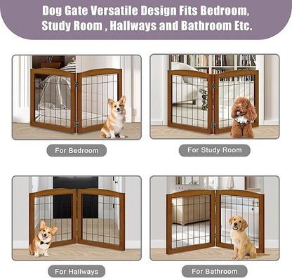 LZRS 2-Panel Freestanding Foldable Wood Dog Gate – Solid Wood & Steel Wire, Chew-Resistant Pet Barrier for Indoor Use, Ideal for Small to Medium Dogs, Cherry