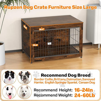 Dog Crate Furniture, Wooden Dog Crate 37in, Decorative Cage with End Table for Dog Indoor Kennel, High Anxiety Dog, Escape-Proof Locks for All Breeds