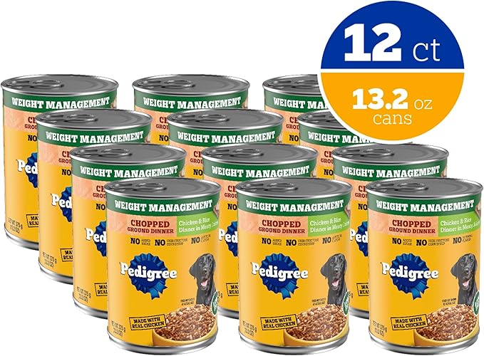 Pedigree Chopped Ground Dinner Weight Management Wet Dog Food, Canned Dog Food Chicken & Rice Dinner in Meaty Juices, 13.2 oz. Cans (12 Count, Pack of 1)
