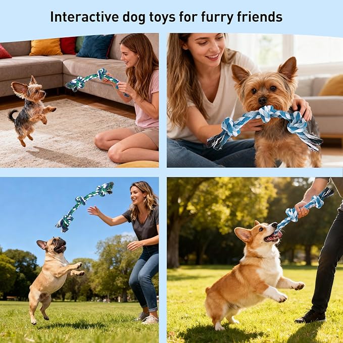 SZEE 2Pcs Dog Rope Toys for Small Breeds, 14 in 3 Knots Chew Rope Toy for Dogs, Pull Toy for Tug of War, Energy Release, Boredom Relief and Teeth Cleaning (Green & Blue)