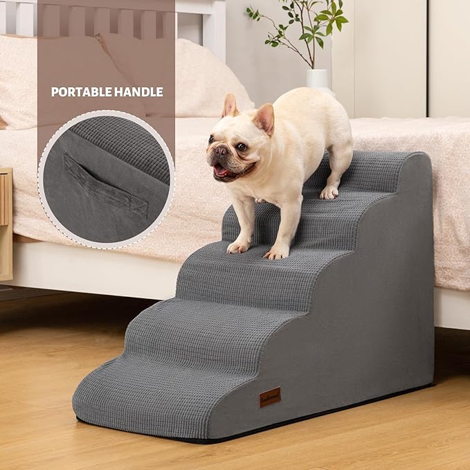 Aodisman 5-Step Dog Stairs and Ramp for High Bed, Non-Slip Sturdy Pet Steps for Small Dogs and Cats,22.2" H,Grey