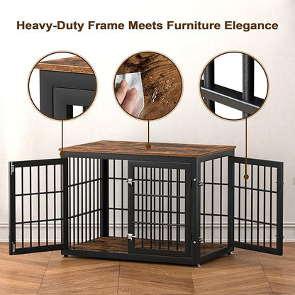 rehomerance 38 Inch Heavy Duty Dog Crate Furniture for Large and Medium Dogs, Decorative Pet House End Table, Wooden Cage Kennel Furniture Indoor, Rustic Brown