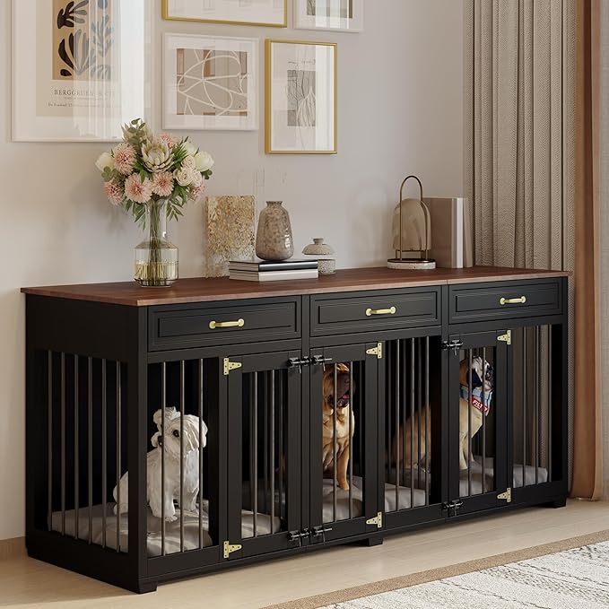 Dog Crate Furniture - Indoor Wooden Dog Kennel Crate Furniture with 2 Dividers, 3 Drawers, and 3 Lockable Doors, 72"x23.6"x31.5"H, Black