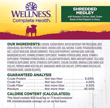 Wellness Petite Entrees Shredded Medley Small Breed Adult Wet Dog Food, Grain Free, Natural, Roasted Chicken, Beef, Green Beans, and Red Peppers, 3 oz, Pack of 12 Cups