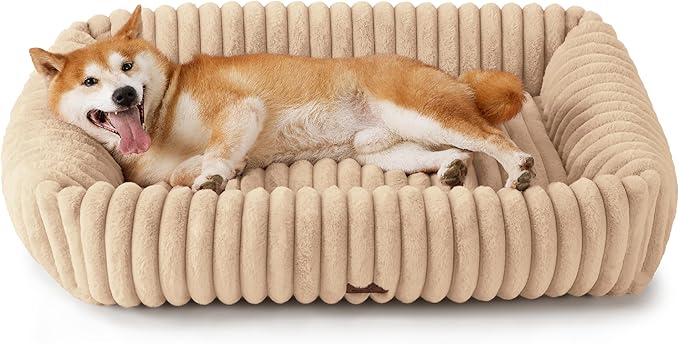 Bedsure ComfyFleece™ Cute Dog Beds Large Sized Dog - Washable Furry Pet Beds, Rectangle Orthopedic Corduroy Fleece Puppy Beds with Removable Zipper Cover, 36x27x8inches,Sandy Beige
