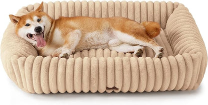 Bedsure ComfyFleece™ Cute Dog Beds Large Sized Dog - Washable Furry Pet Beds, Rectangle Orthopedic Corduroy Fleece Puppy Beds with Removable Zipper Cover, 36x27x8inches,Sandy Beige