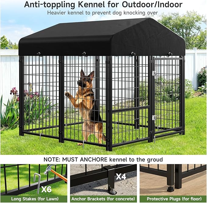 Dog Kennel Outdoor, Outside Dog Kennel with Roof & Removable Doggy Door Allow Connecting Your Dog House, Square Pet Enclosure Dog Run Yard for Medium/Small Dogs(4'L x 4'W x 4.6'H)