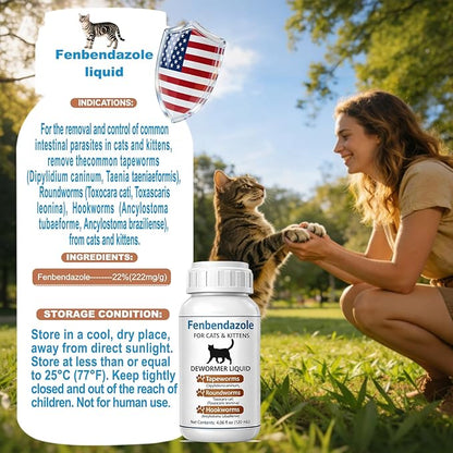 Cat Dewormer for Cats – Fenbendazole Liquid Broad Spectrum Wormer for Tapeworms, Roundworms & Hookworms, 120 mL (4.2 fl oz)