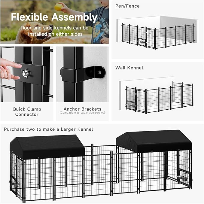 2PCS Dog Kennel Outdoor, Outside Dog Kennel with Roof & Swivel Feeders/Removable Doggy Door Allow Connecting Your Dog House, Heavy Duty Dog Run Pen Yard for Medium/Large Dogs (5'Lx5'Wx5'H)