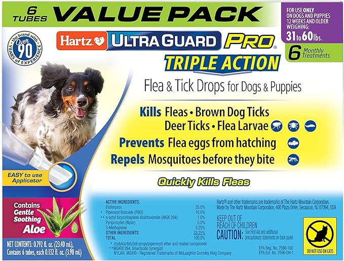 Hartz UltraGuard Pro Flea & Tick Topical Dogs & Puppies Treatment & Prevention, 6 Months, 31-60 lbs