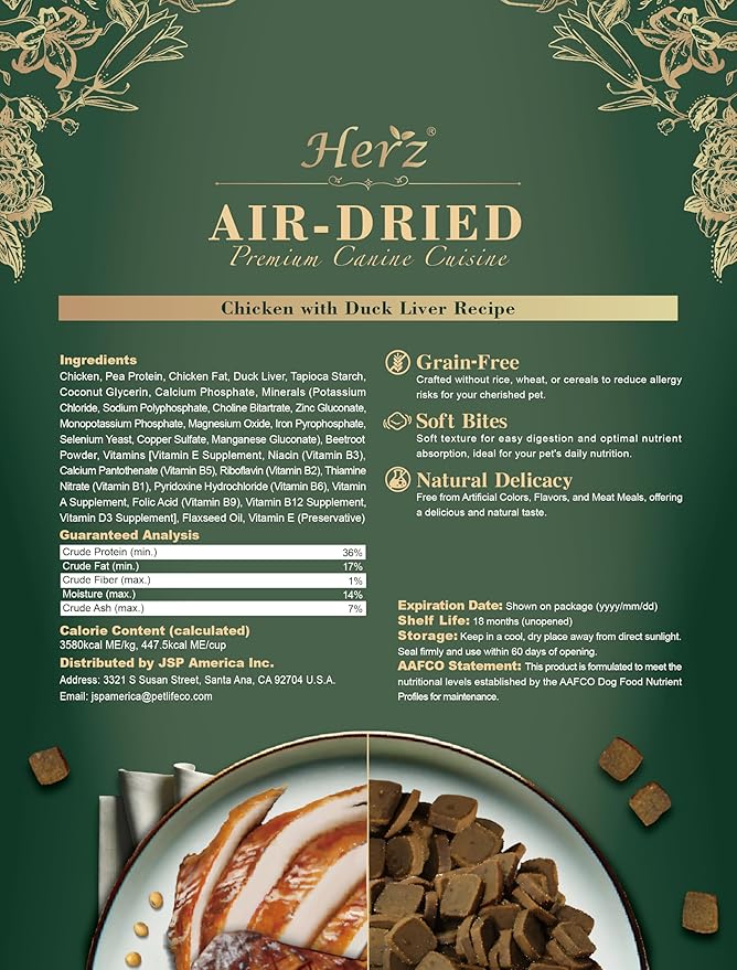 Herz Air-Dried Dog Food Chicken & Duck Liver Recipe 1 lb, All-Natural, High-Protein, Grain-Free, Limited Ingredients, Complete & Balanced, Premium Canine Cuisine