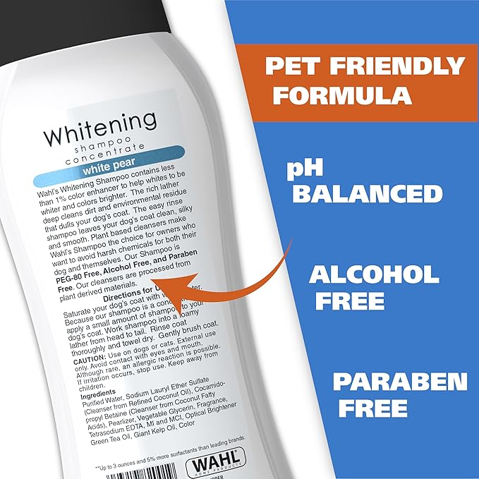 Wahl USA Whitening Shampoo White Pear scent for Pets – Whitening & Animal Odor Control with Silky Smooth Results for Grooming Dirty Dogs – 24 oz - Model 820001A