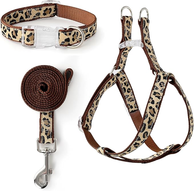 Mile High Life Leopard Dog Harness Collar Leash Set, Adjustable No Pull Dog Halter Harness for Small Breed Dogs, Easy Control for Training Walking (Brown, S Chest 11"-18", Neck 10"-14")