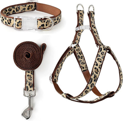 Mile High Life Leopard Dog Harness Collar Leash Set, Adjustable No Pull Dog Halter Harness for Small Breed Dogs, Easy Control for Training Walking (Brown, XS Chest 9"-15", Neck 8"-12")