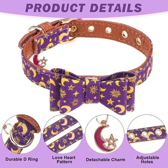 EXPAWLORER Dog Collar and Leash Set - Purple Star-Moon Dog Bow Tie and Dog Bandana Collar with Bell, Dog Leash Tangle Free, Adjustable Collars for Small Medium Large Dogs Cats, Holiday Ideal Gift, S