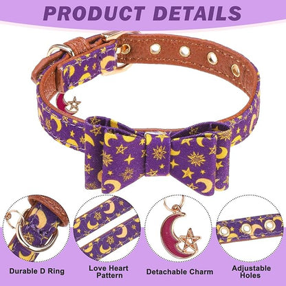 EXPAWLORER Dog Collar and Leash Set - Purple Star-Moon Dog Bow Tie and Dog Bandana Collar with Bell, Dog Leash Tangle Free, Adjustable Collars for Small Medium Large Dogs Cats, Holiday Ideal Gift, S