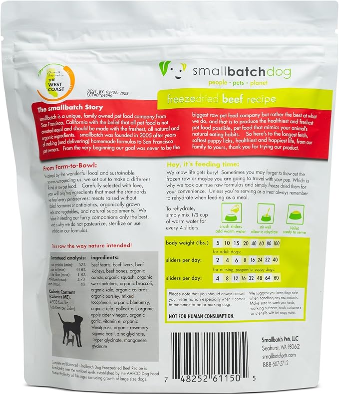 smallbatch Pets Freeze Dried Raw Dog Food, Beef Recipe, 14 oz, Organic High Protein Dog Food, Grain Free, Made in the USA, Humanely Raised Meat, Single Protein, for Picky Eaters, Hydrate & Serve