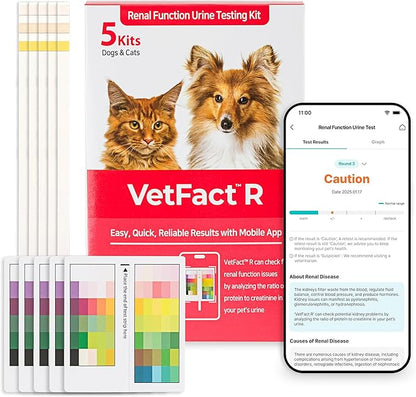 [5 Kits] Free Mobile App Urine Test Strips for Dogs & Cats, Cat & Dog Kidney Function Test (Protein to Creatinine Ratio Test) at Home, Easy-to- Use ; Support English, Spanish, Korean, and Japanese