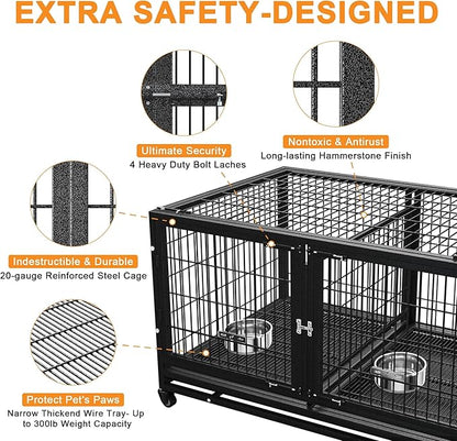 BOLDBONE 43 inch Heavy Duty Dog Crate for Large Dogs, Stackable Dog Kennels and Metal Wire Cages with Feeding Bowls, Leak-Proof Pans, Removable Wire Trays and Divider, Extra Large XL XXL