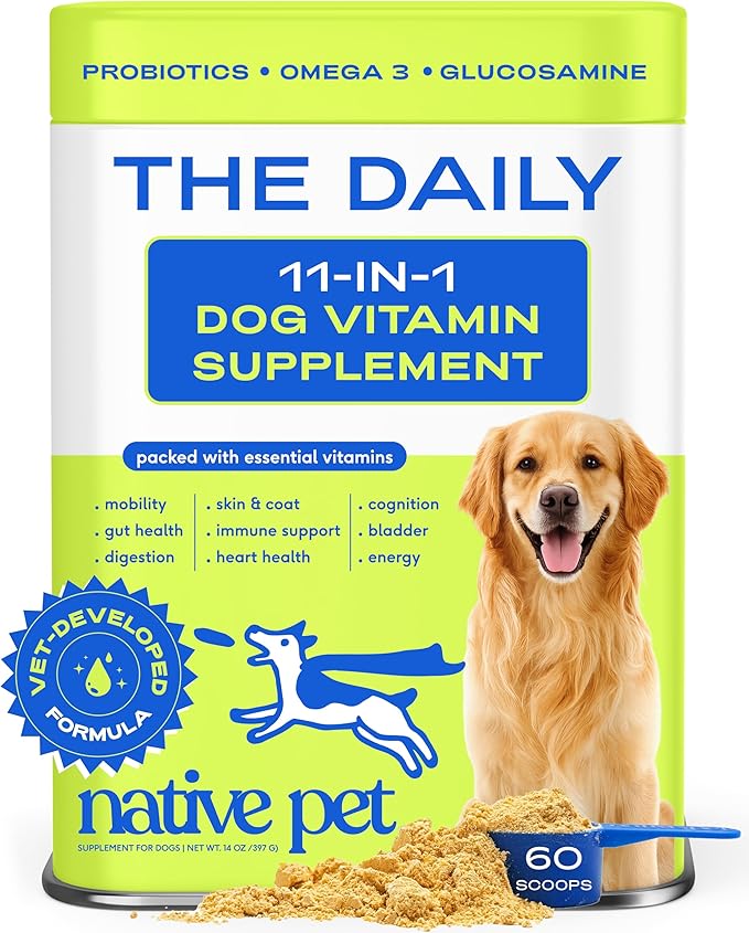 Native Pet The Daily Dog Vitamins & Supplements - 11-in-1 Multivitamin Powder for Dogs - Supports Whole Body Health, Digestion, Mobility & Immunity with Collagen, Glucosamine & Probiotics – 60 Scoops
