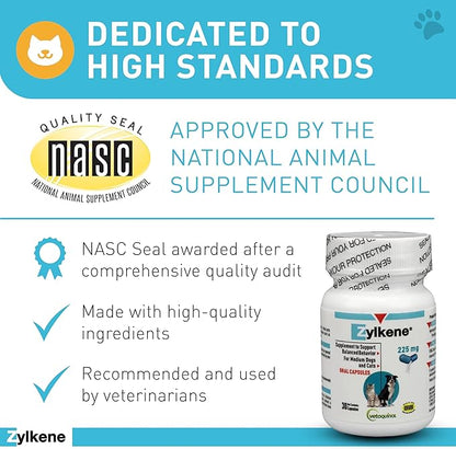 Vetoquinol Zylkene Calming Support Supplement for Medium Dogs 33-65lbs Helps Promote Relaxation and Reduce External Stress Factors, Daily Behavioral Support and Anxiety Relief for Dogs, 225mg
