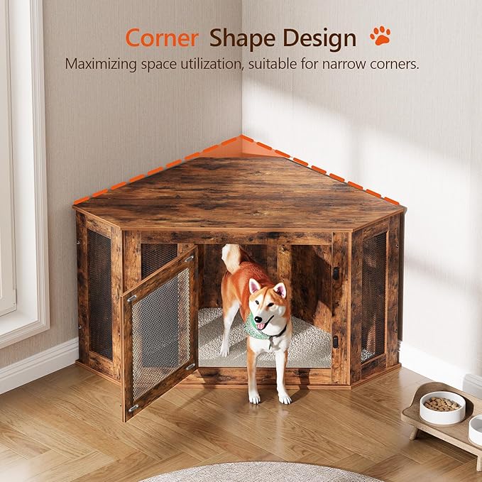 MAHANCRIS Corner Dog Crate Furniture, Wooden Dog Kennel End Table, Decorative Pet Crate Indoor Use, Furniture Style Dog House for Small Medium Dog, Dog Cage TV Stand, Rustic Brown DCRB0801
