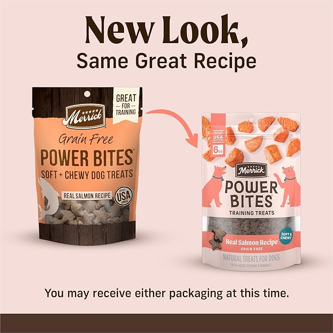 Merrick Power Bites Salmon Recipe Healthy Dog Treats, Real Salmon Grain-Free Dog Snacks, 6 oz Bag