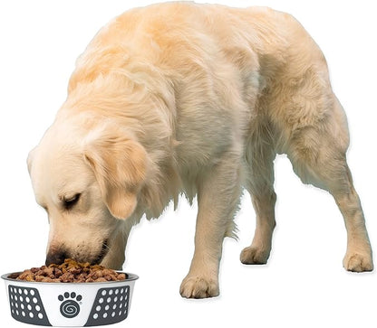 PetRageous 15002 Fiji Stainless Steel Non-Slip Dishwasher Safe Dog Bowl 6.5-Cup Capacity 8.5-inch Diameter 2.75-inch Tall for Large and Extra Large Dogs, White and Slate Blue