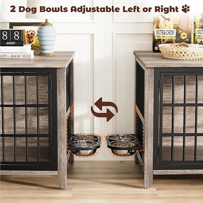 Lulive 37.8" Dog Crate Furniture, Large Wooden Dog Kennel Indoor with 360°& Adjustable Raised Dog Bowls, Double Doors Furniture Decorative Side End Table Dog Cage for Medium Dogs, Grey