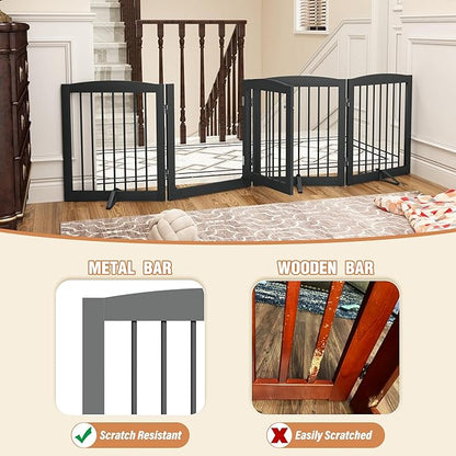 PUPETPO Freestanding Dog Gate with Door, Pet Gate for Stairs, 80 inch Wide Pet Barrier Indoor, Dog Fences Indoor, Support Feet Included, 4 Panels, 24" Tall, Grey
