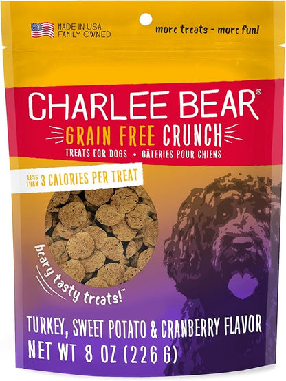 Charlee Bear Crunch Grain Free Dog Treats, Turkey, Sweet Potato and Apple, 8 Ounce Resealable Bag, Low Calorie Training Treats for Dogs, Limited Ingredient, Healthy, Crunchy Dog Snacks, Made in USA