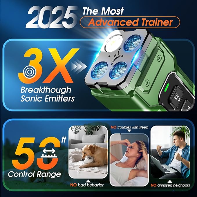 Dog Bark Deterrent Devices, Anti Barking Device 3X Ultrasonic Bark Control Device 50ft Range, Rechargeable & Safe Dog Training Tool for Quiet Walks and Peaceful Homes