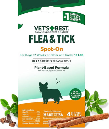 Vet’s Best Natural Flea and Tick Drops for Small Dogs, Plant-Based Spot-On Treatment with Certified Essential Oils, Topical Flea and Tick Prevention and Control, Natural Pest Care, 4 Month Supply