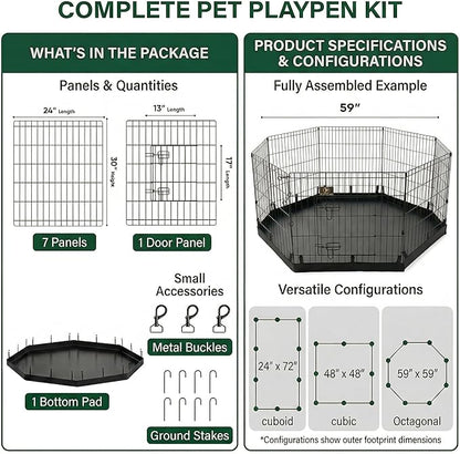 PJYuCien Dog Playpen with Bottom Pad - Metal Foldable Exercise Pen, 8 Panels 30" H x 24" W Indoor Outdoor Pet Fence Puppy Crate Kennel, Black