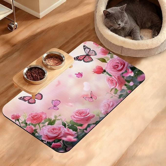 Rose Pink Dog Cat Food Mat,Butterfly Absorbent Waterproof Placemat for Food and Water Non Slip Rubber Backing Durable Feeding Pad for Clean Floors 12" x 20"