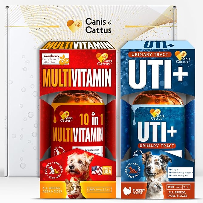 Dog UTI Treatment – Liquid Cat & Dog Vitamins – Bundle Multivitamin + UTI+ with Turkey Flavor for All Pets – Promotes Bladder & Kidney Care – Full of Vitamins C, B, D – No GMO – Bottle Set x 2 oz