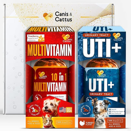 Dog UTI Treatment – Liquid Cat & Dog Vitamins – Bundle Multivitamin + UTI+ with Turkey Flavor for All Pets – Promotes Bladder & Kidney Care – Full of Vitamins C, B, D – No GMO – Bottle Set x 2 oz