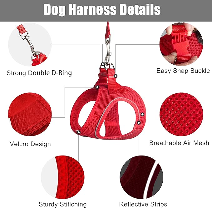 PetiFine Extra Small Step in Dog Harness and Leash Set, Cat Harness and Leash Escape Proof, All Weather Mesh Reflective, Step-in Air Vest Harnesses for Puppy(XXXS, Red)