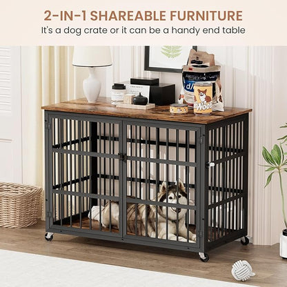 Aoowow Dog Crate Furniture for Small Medium Dogs, 43.3" Dog Kennel Indoor End Table with Side Doors, Iron Heavy Duty Dog Cage with Wheels, Rustic Brown