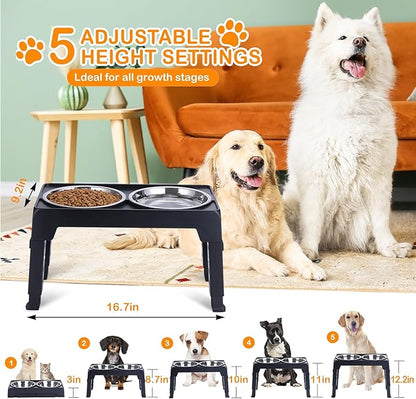 LALOBLUE Elevated Dog Bowls, Raised Bowl with 2 Stainless Steel Food Bowls, Dog Bowls Stand Adjusts to 5 Heights 2.95", 8.46", 9.65", 10.82", 12.01" for Small Medium Large Cats Pets,Black