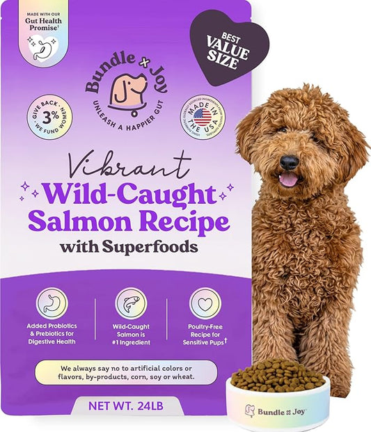 Bundle x Joy Vibrant Probiotic Dog Food Dry, Salmon, 24lb Bag, Allergy and Gut-Friendly Adult Kibble for Digestive Health with Wild-Caught Salmon, 20 Plant Based Superfoods, Grain x Poultry Free
