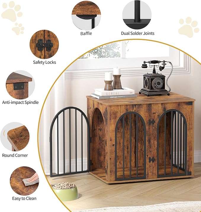 Hzuaneri 26.8'' Wooden Dog Crate Furniture, Indoor Dog Kennel Dogs Cage for Small Dogs, Heavy Duty Dog Crates Decorative Pet House End Side Table TV Stand, Rustic Brown DFC85501B