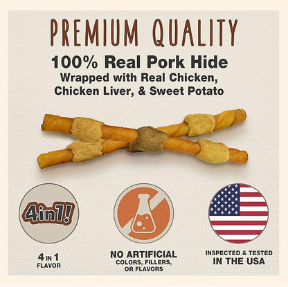 Cadet Gourmet Shish Kabob Dog Chews for Large Dogs, Rawhide Treats with Chicken and Sweet Potato, Healthy & Natural Pork Hide, 10-Inch Sticks, 4 Count